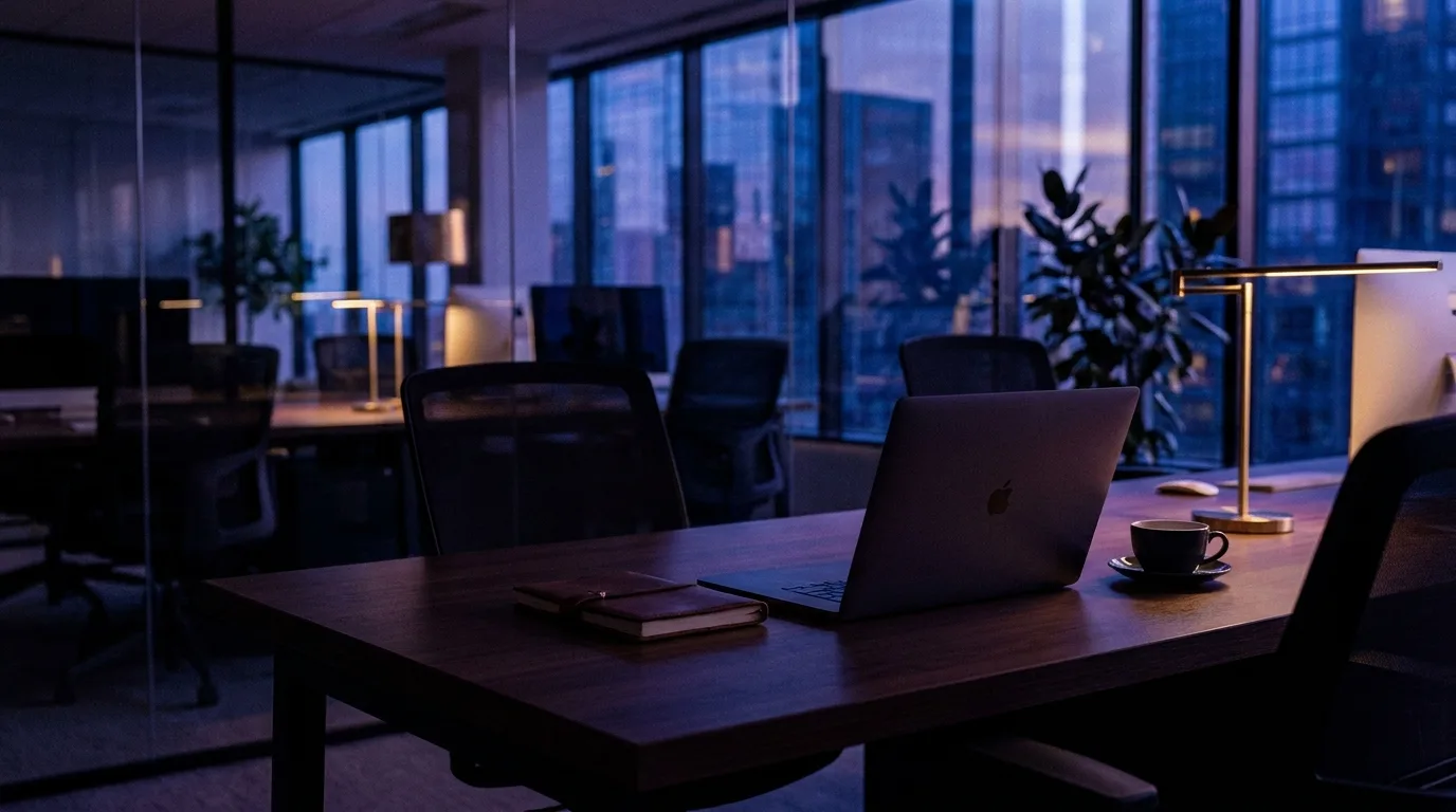Leerer moderner Büroschreibtisch mit Laptop, Notizbuch und Kaffeetasse, im unscharfen Hintergrund ein Großraumbüro, in Indigo- und Violetttönen