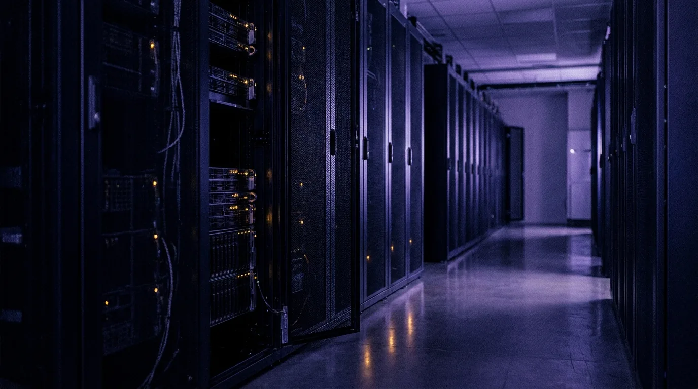 Dunkler Server-Rack-Korridor in einem Rechenzentrum bei Nacht, in Indigo- und Violetttönen beleuchtet