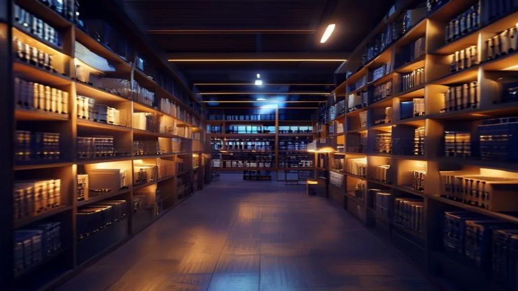 Weitläufige Firmenbibliothek bei Nacht mit Regalreihen und warmem Goldlicht