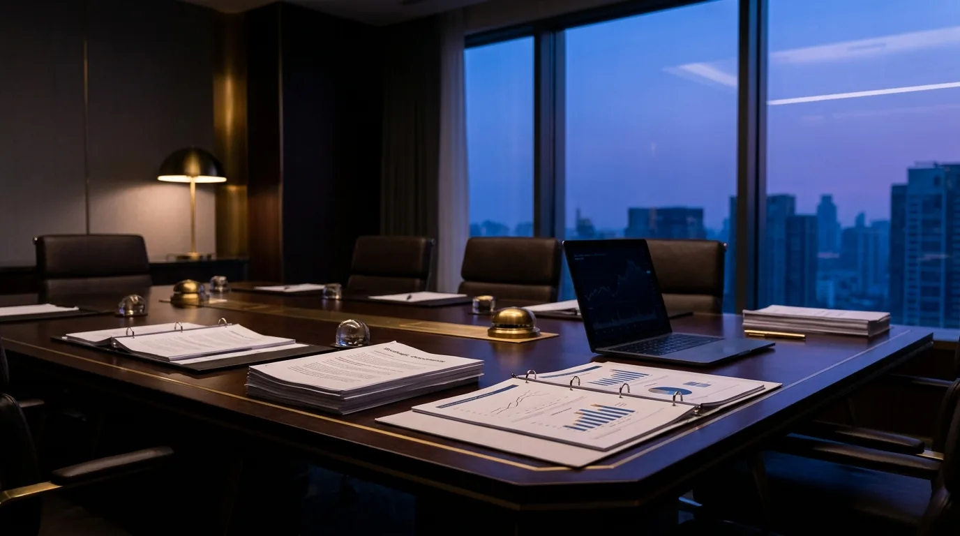 Leerer Sitzungssaal mit langem Konferenztisch, ausgebreiteten Strategiepapieren und Finanzcharts und einem Laptop mit Datenanalyse, in dunkle Indigo- und Violetttöne getaucht