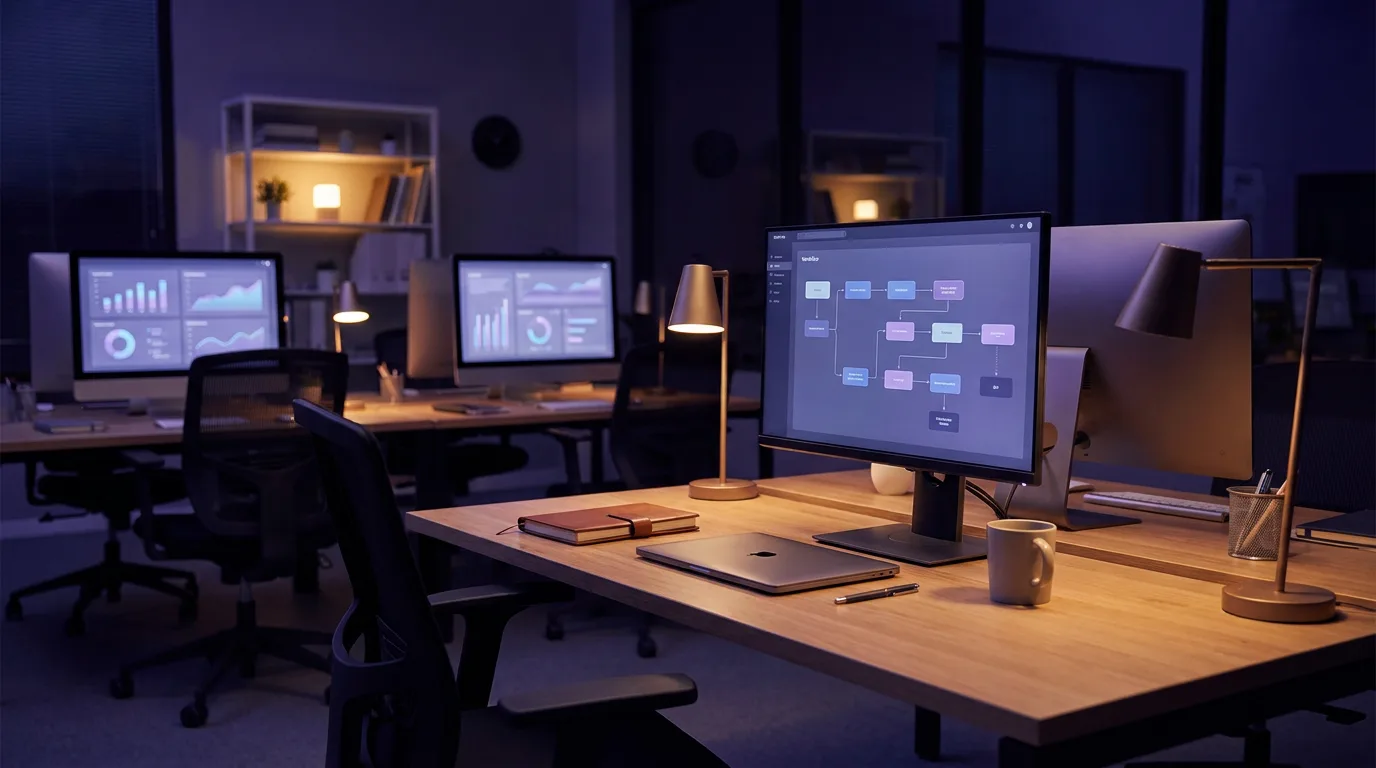 Modernes Großraumbüro bei Nacht mit mehreren Monitoren, die Aufgaben-Dashboards und Workflow-Diagramme zeigen, aufgeräumter Schreibtisch mit Notizbuch und Laptop, in Indigo- und Violetttönen mit warmen Gold-Lichtakzenten