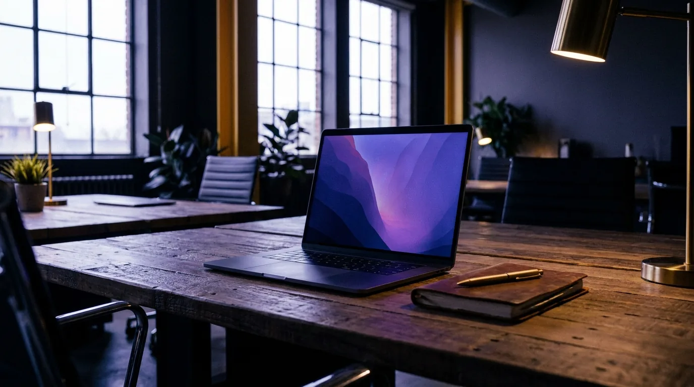 Moderner Schreibtisch im Großraumbüro mit Laptop und Notizbuch im Morgenlicht, in Indigo- und Violetttönen
