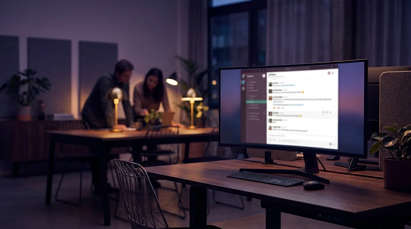 Moderner Großraumbüro-Arbeitsplatz mit großem Monitor, der eine Chat-Oberfläche zeigt, im unscharfen Hintergrund Kolleginnen und Kollegen, in Indigo- und Violetttönen