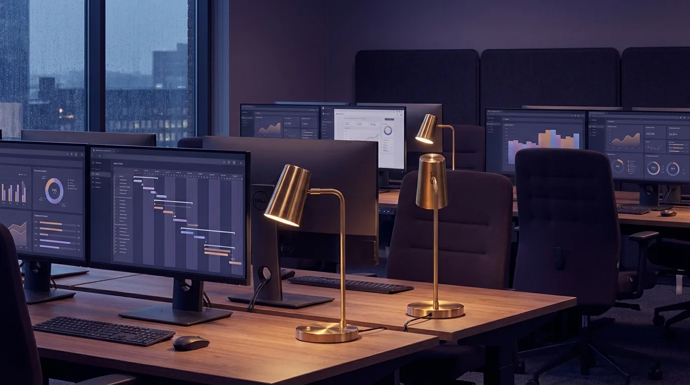 Modernes Open-Plan-Büro mit großen Projektdashboard-Bildschirmen, cineastisches Indigo-Violett-Licht