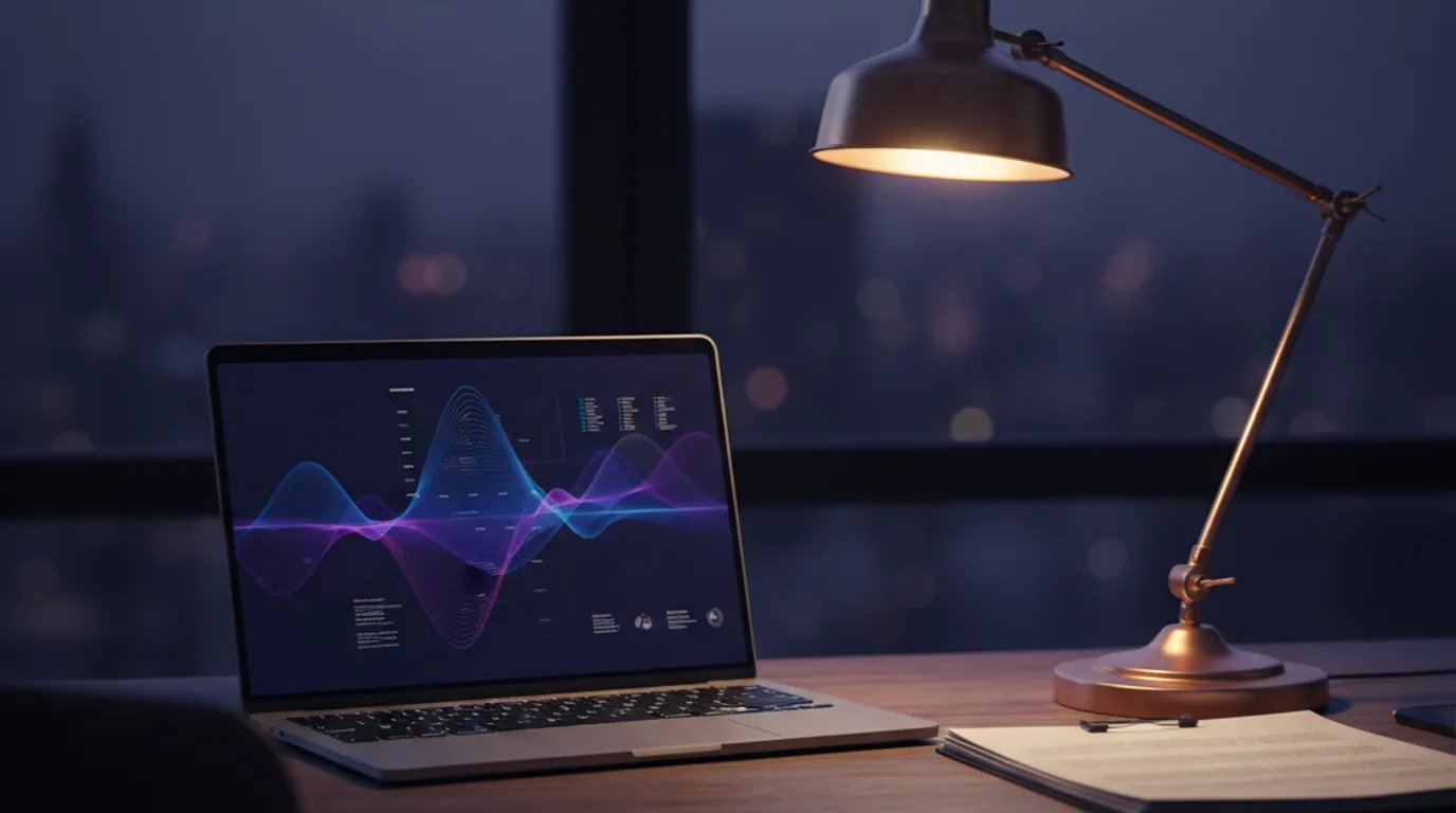 Minimalistischer Büroschreibtisch mit Laptop, Datengrafiken und Dokumentenstapel in gedämpftem indigo-violettem Licht