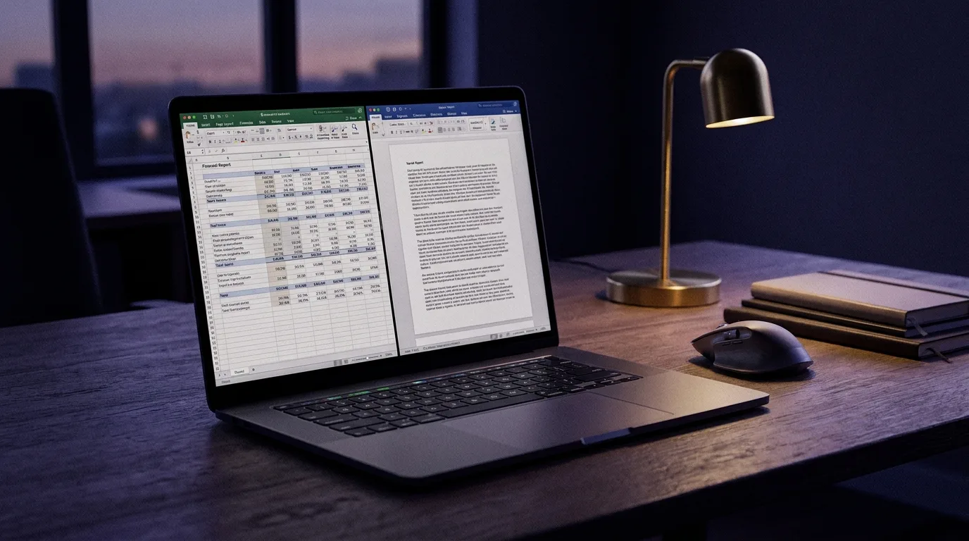 Aufgeklappter Laptop auf einem minimalistischen Schreibtisch zeigt Tabellenkalkulation und Textdokument nebeneinander, in dunklen Indigo- und Violetttönen mit warmen Goldakzenten