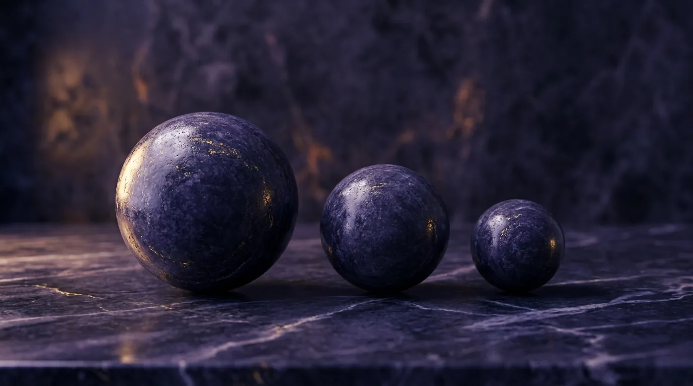 Drei unterschiedlich große Steinkugeln auf dunklem Marmor in Indigo und Violett, sinnbildlich für die GPT-5.6-Modellstufen Sol, Terra und Luna