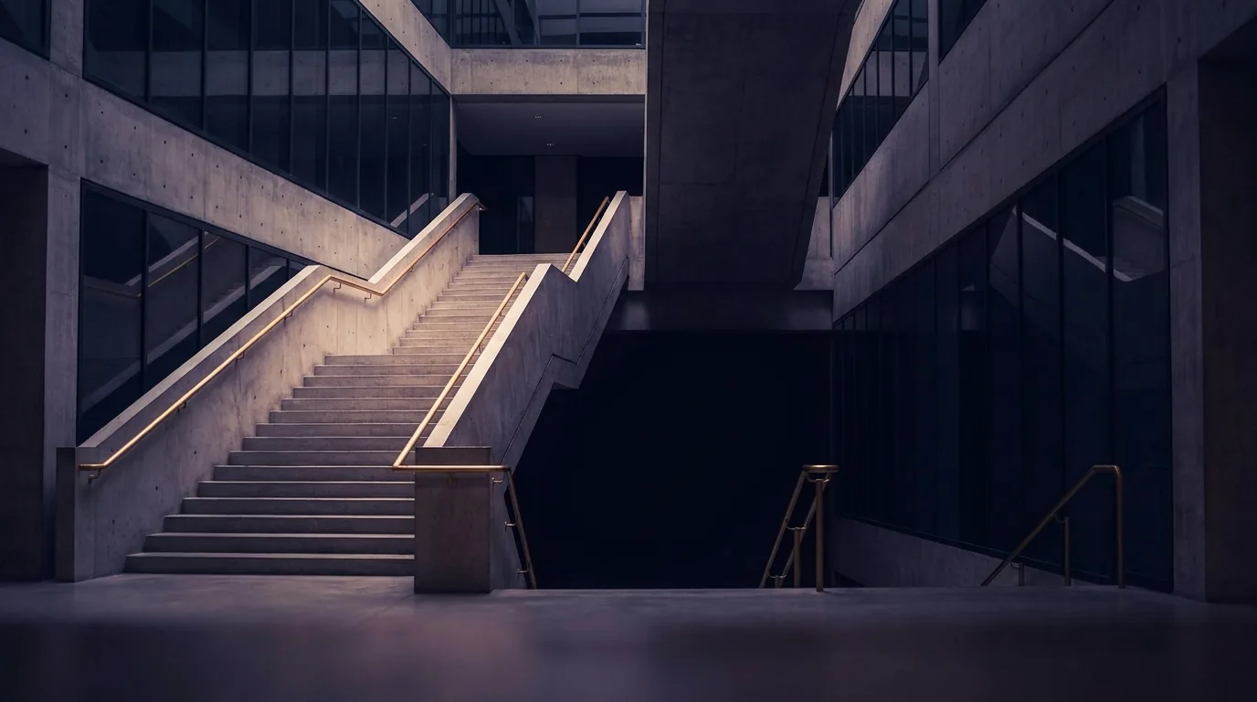 Dunkle Betontreppe in einer Bürolobby: der breite Aufgang nach oben ist warm beleuchtet, die Stufen nach unten verlieren sich im Schatten. Sinnbild dafür, dass Senior-Rollen sichtbar bleiben, während KI die Einstiegsjobs verschwinden lässt