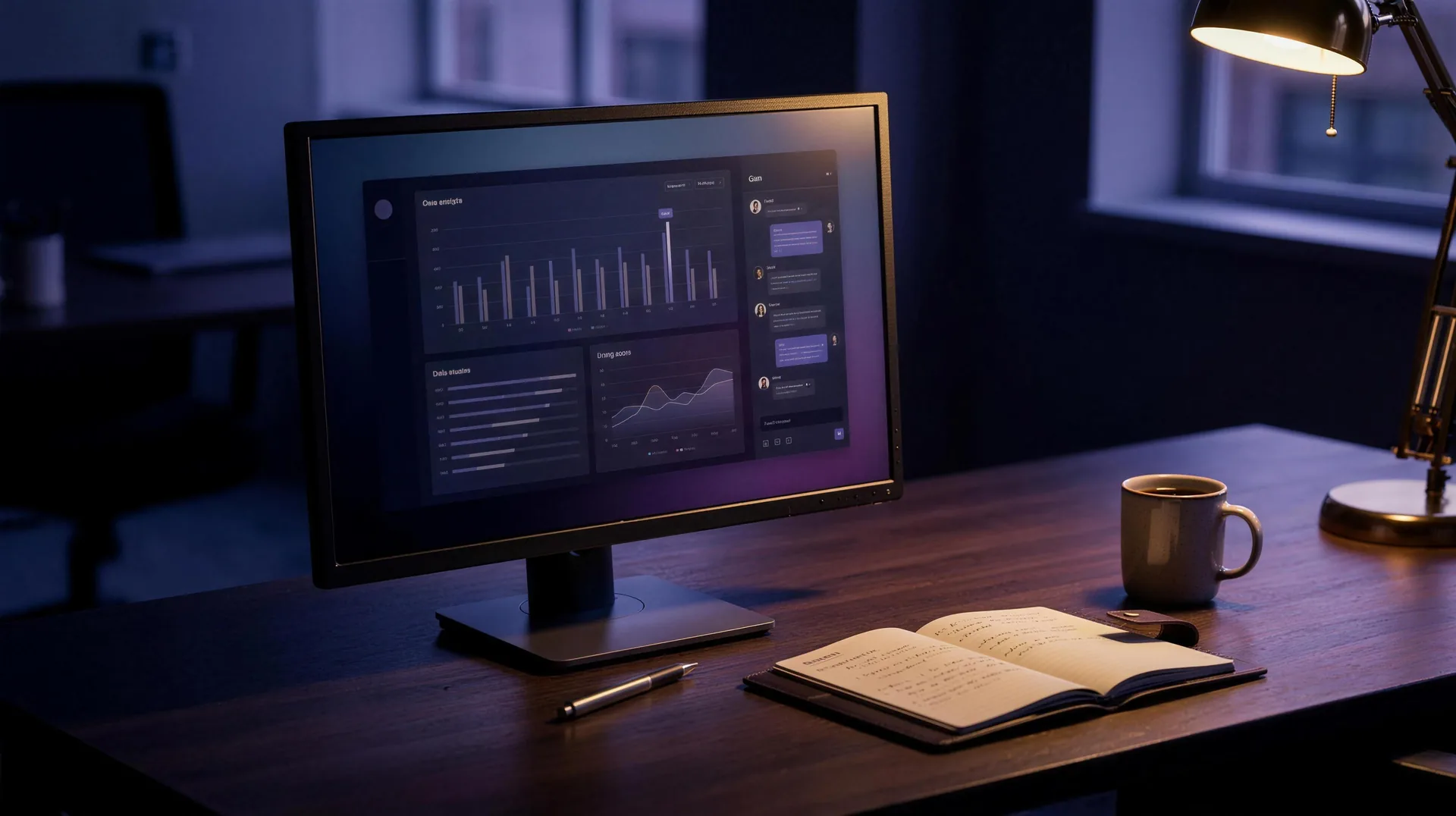 Aufgeräumter Schreibtisch mit Monitor, der Datendiagramme und eine Chat-Oberfläche zeigt, in indigo-violetten Tönen mit warmen Goldakzenten