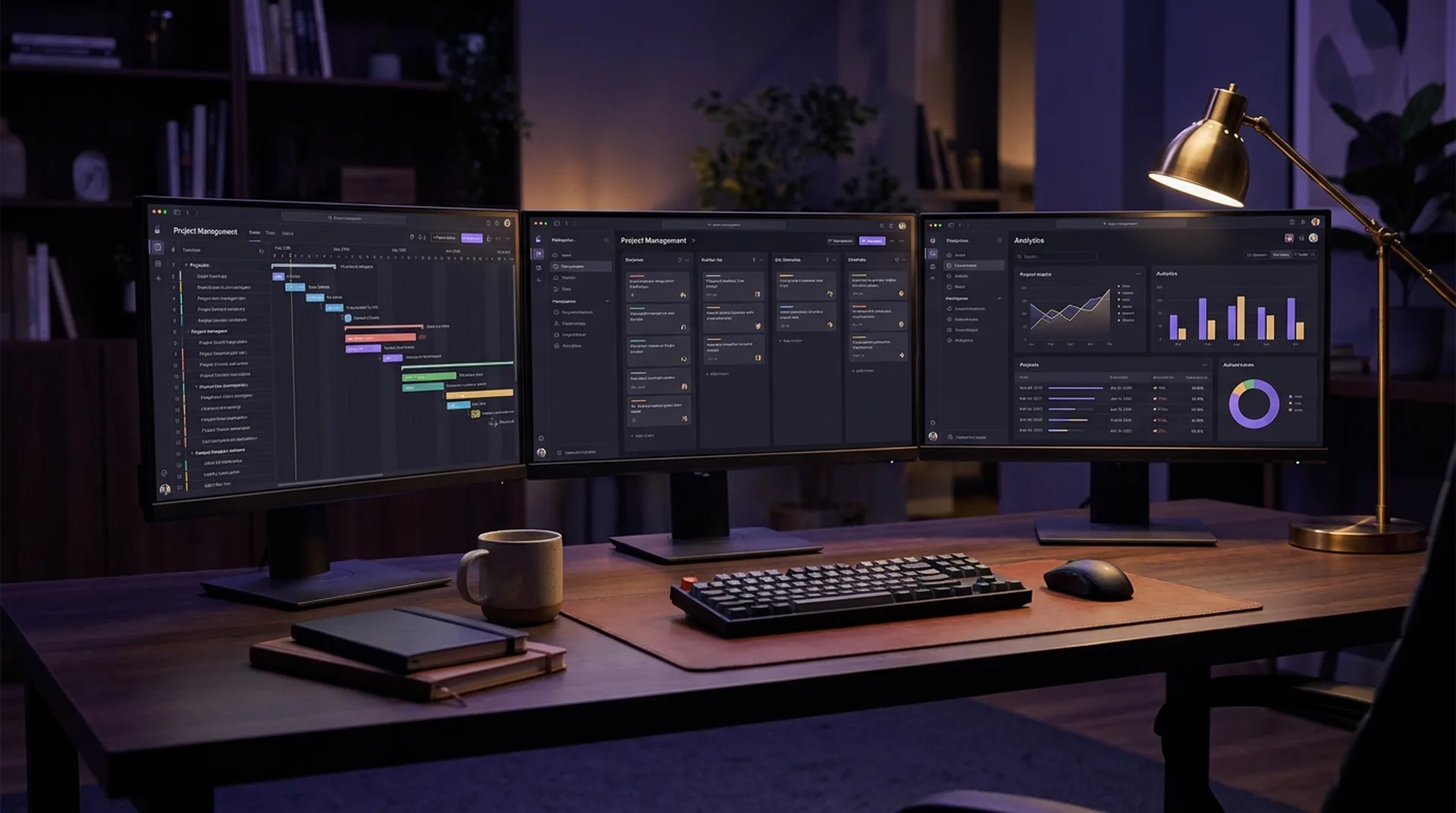 Dunkler Schreibtisch mit drei Monitoren, die Projektmanagement- und Analyse-Dashboards zeigen, in Indigo- und Violetttönen mit warmem Goldlicht