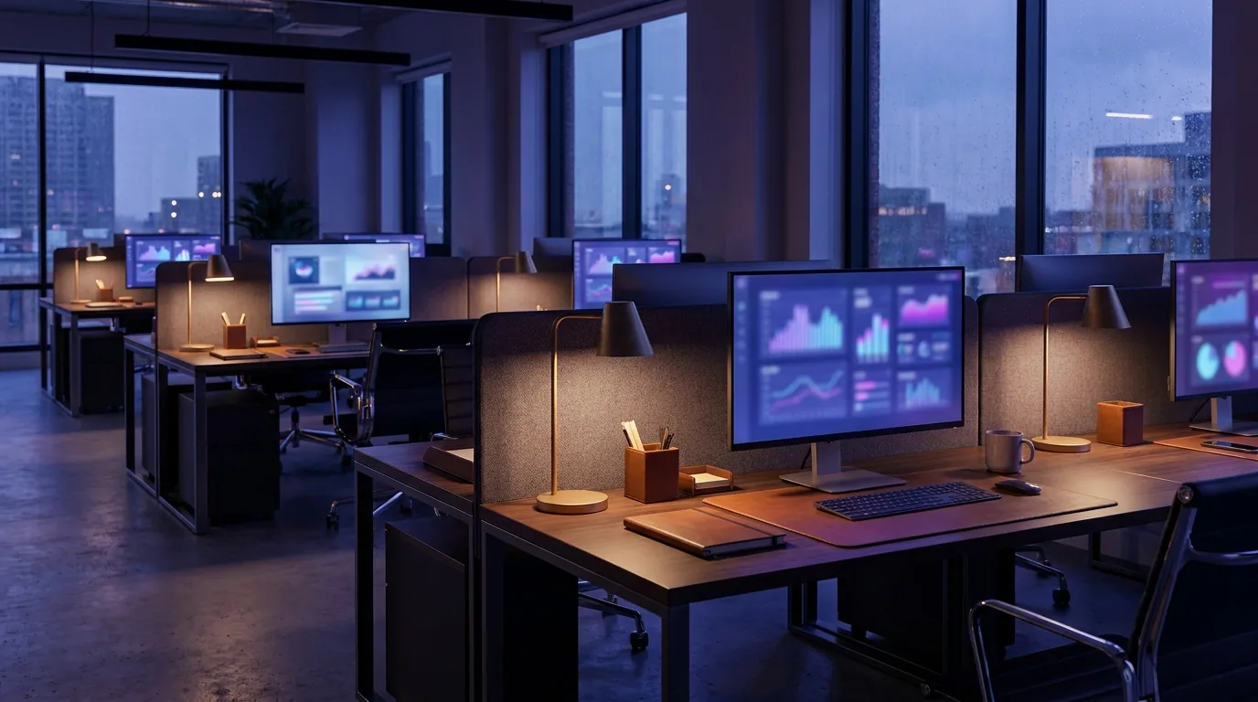 Modernes Großraumbüro bei Nacht mit Reihen leerer Arbeitsplätze und leuchtenden Datendashboards, in Indigo- und Violetttönen