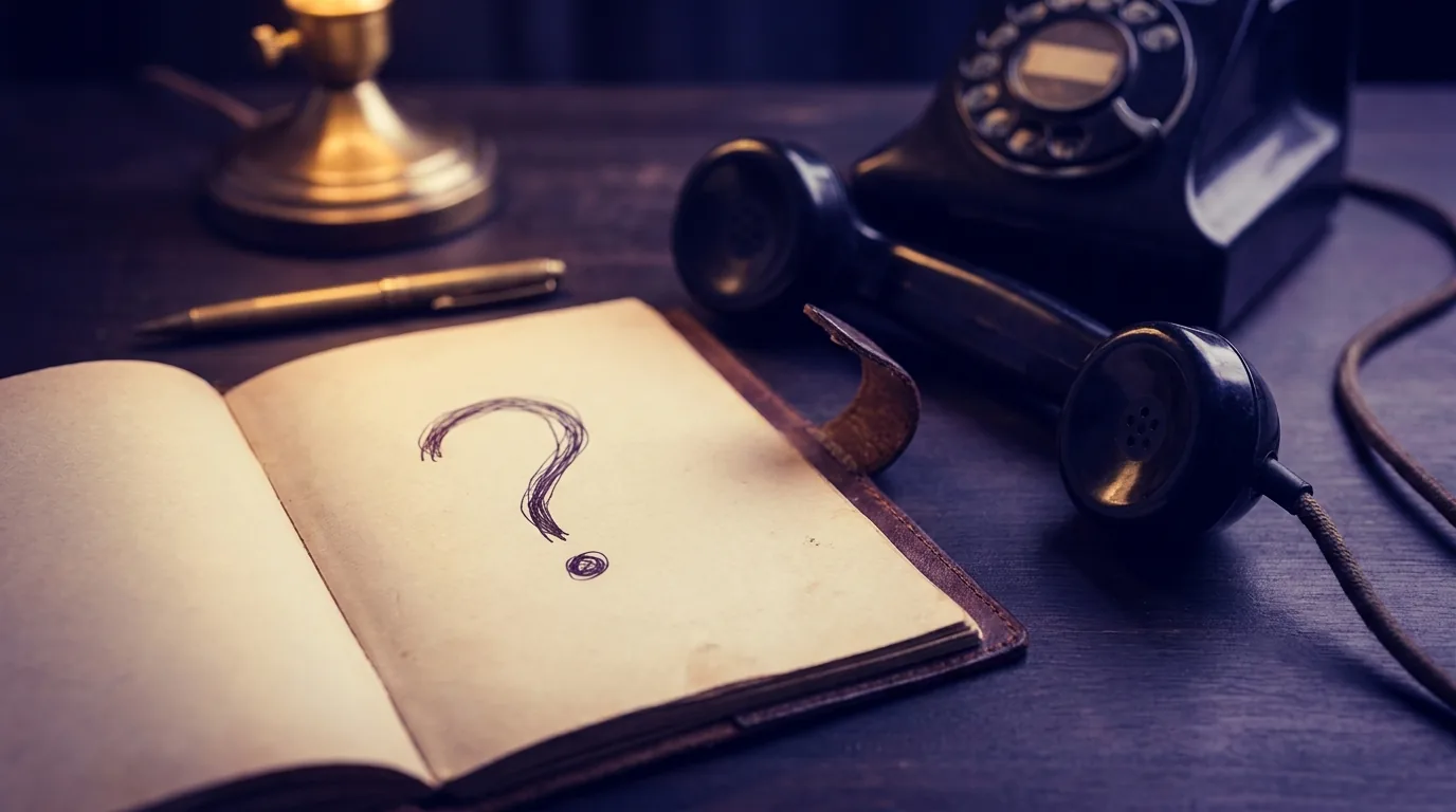 Aufgeschlagenes Notizbuch mit handschriftlichem Fragezeichen neben einem abgenommenen Telefonhörer in indigo-violettem Licht – Sinnbild dafür, lieber gezielt nachzufragen als vorschnell zu handeln