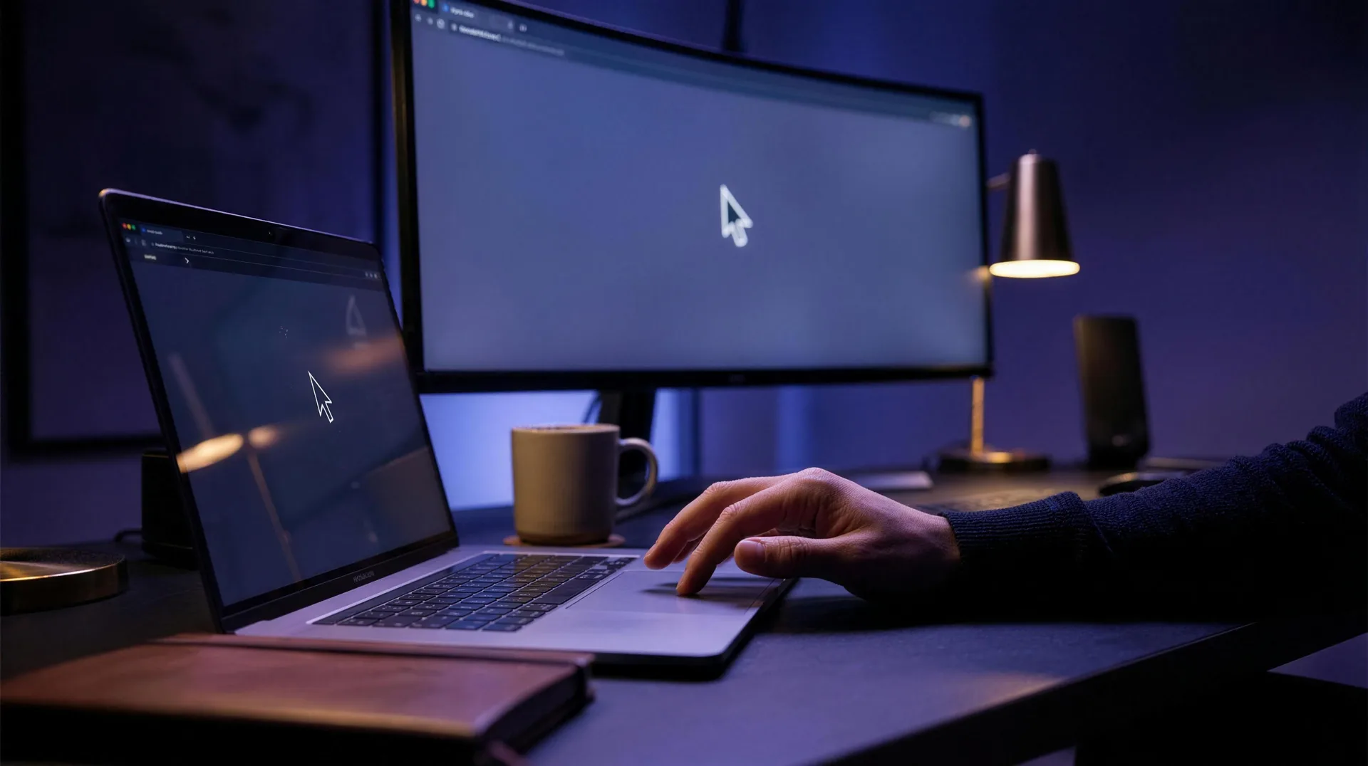 Eine Hand führt eine Aktion auf einem Laptop-Trackpad vor, ein zweiter Bildschirm spiegelt dieselbe Bewegung; dunkle Büroszene in Indigo- und Violetttönen