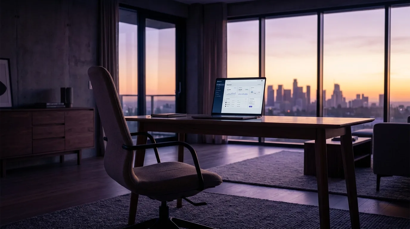 Ruhiger moderner Büroarbeitsplatz im Morgenlicht mit leerem ergonomischem Stuhl und einem Laptop auf einem aufgeräumten Schreibtisch, in tiefe Indigo- und Violetttöne getaucht mit warmen Goldakzenten