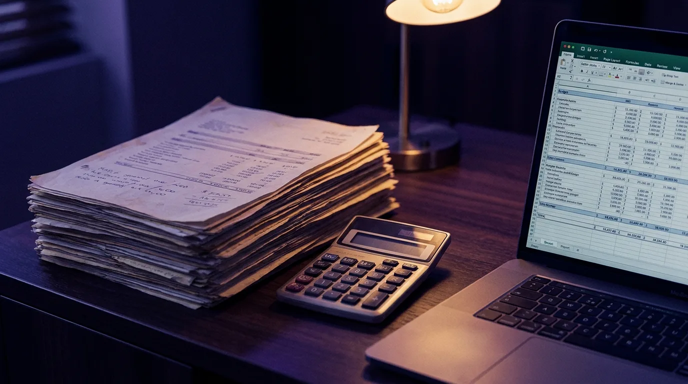 Stapel Finanzunterlagen, ein Taschenrechner und ein Laptop mit Budget-Tabelle auf einem dunklen Holzschreibtisch, in Indigo- und Violetttönen mit warmen Goldakzenten