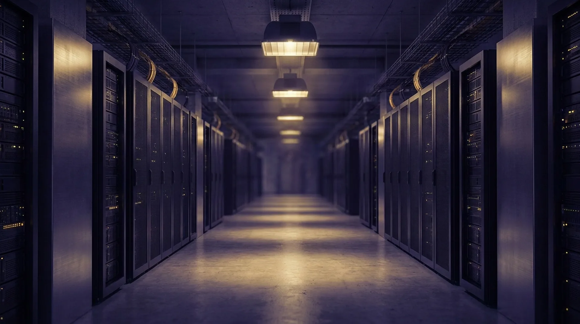 Langer Rechenzentrumsgang mit Serverschränken, Symbol für die KI-Infrastrukturausgaben großer Tech-Konzerne