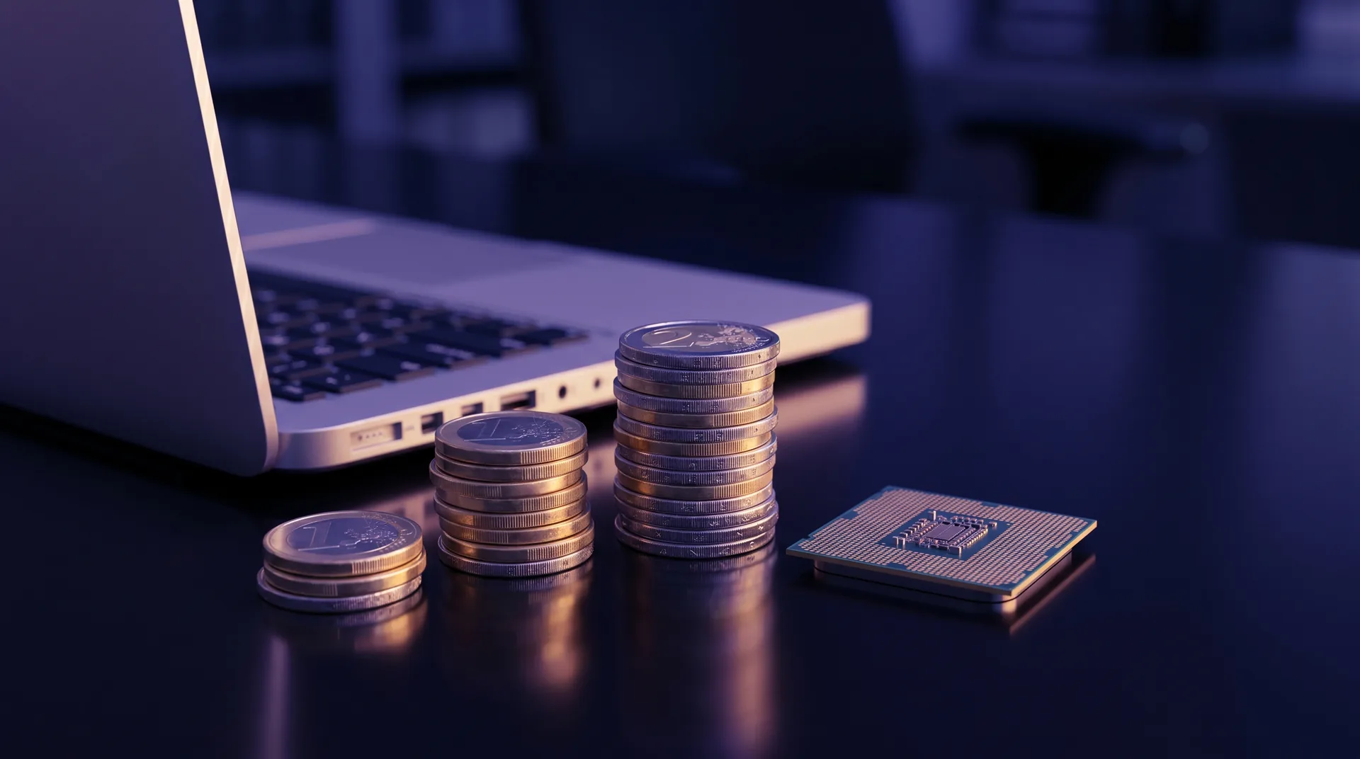 Stapel von Euro-Münzen neben Laptop und Computerchip, Symbol für nutzungsbasierte KI-Kosten