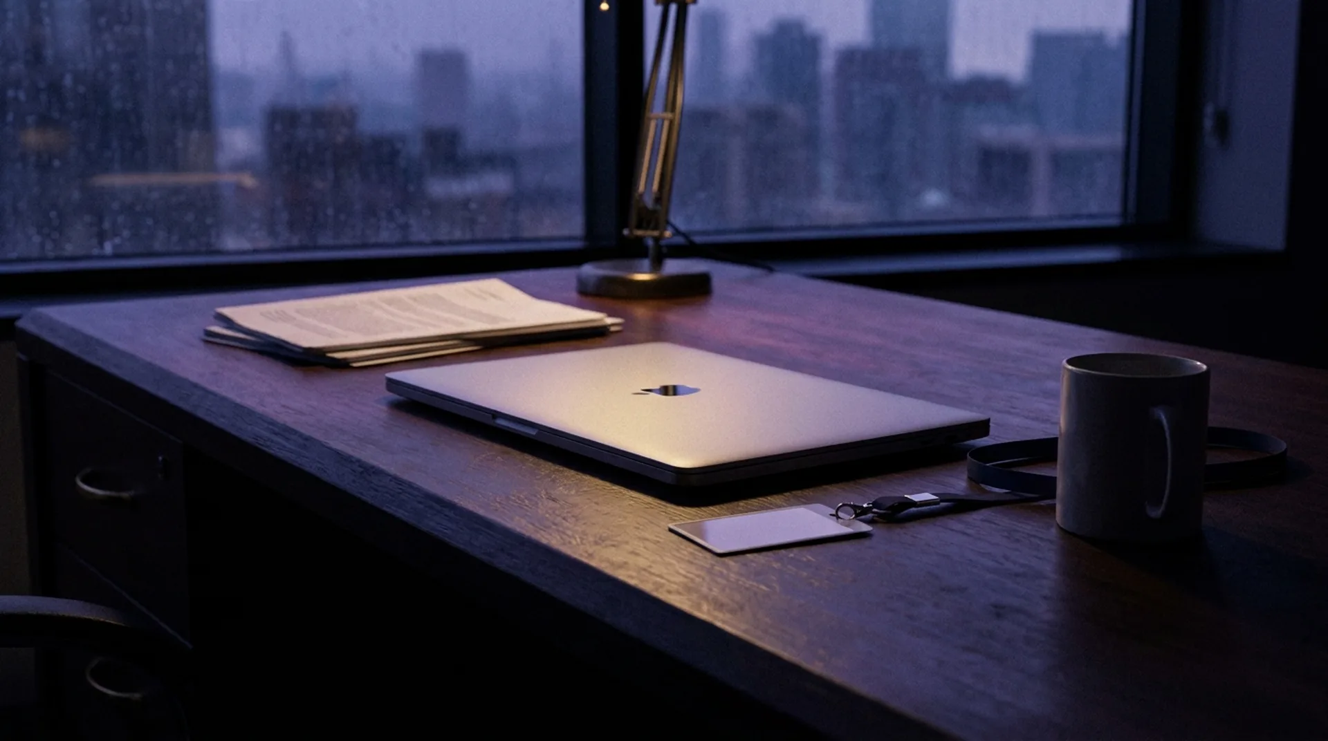 Leerer Büroschreibtisch mit Laptop, ausgedruckten Unterlagen und Mitarbeiterausweis, Symbol für den Vergleich von KI-Mitarbeiter und neuer Stelle