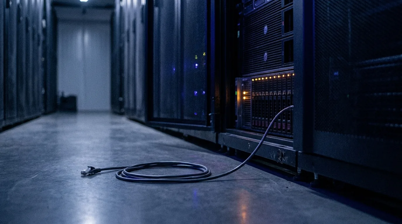 Ausgestecktes Netzwerkkabel neben einem Serverschrank in einem dunklen, in Indigo und Violett getauchten Rechenzentrum