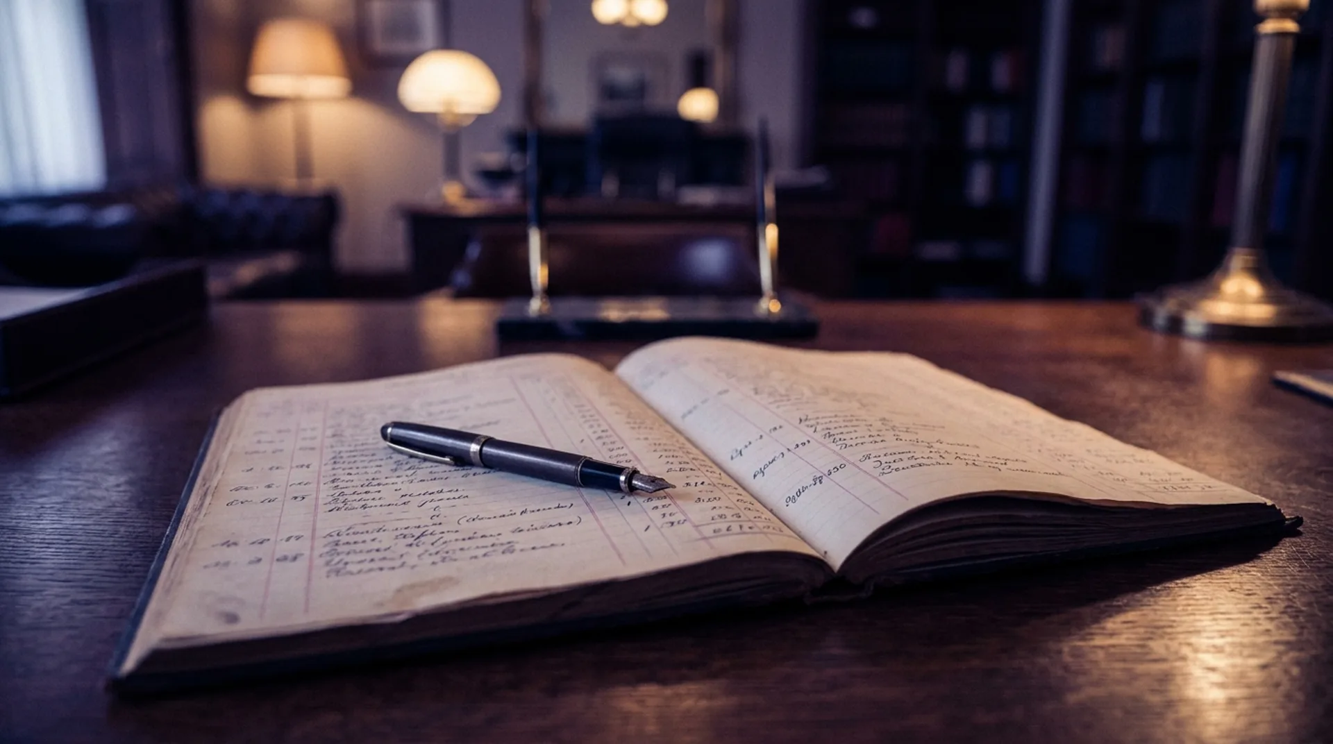 Aufgeschlagenes Geschäftsbuch mit Stift auf dunklem Holzschreibtisch, Symbol für die Rendite von KI-Investitionen