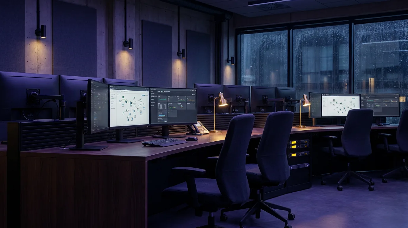 Modernes Kontrollzentrum mit mehreren gebogenen Monitoren, die Netzwerk-Topologien und Betriebs-Dashboards zeigen, in dunklen Indigo- und Violetttönen — Sinnbild für die zentrale Steuerung tausender KI-Agenten