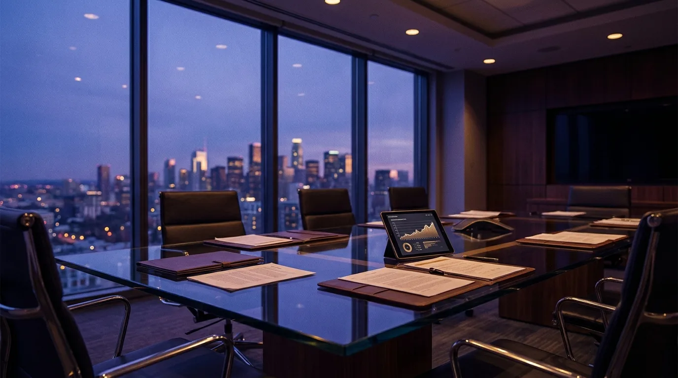 Moderner Konferenzraum bei Dämmerung mit Glastisch, Dokumenten und einem Tablet mit Diagrammen, Fensterfront mit Stadt-Skyline, in tiefe Indigo- und Violetttöne getaucht mit warmen Goldakzenten