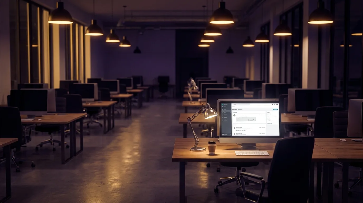 Großes Großraumbüro mit Reihen von Arbeitsplätzen und einem leuchtenden Monitor im Vordergrund, der eine Prüfoberfläche zeigt, in Indigo- und Violetttönen