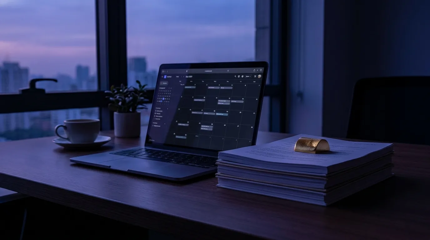 Aufgeräumter moderner Bürotisch im Morgenlicht mit Laptop, der einen strukturierten Kalender zeigt, daneben ein Stapel erledigter Dokumente – als hätte ein unsichtbarer Assistent über Nacht alles vorbereitet, in Indigo- und Violetttönen