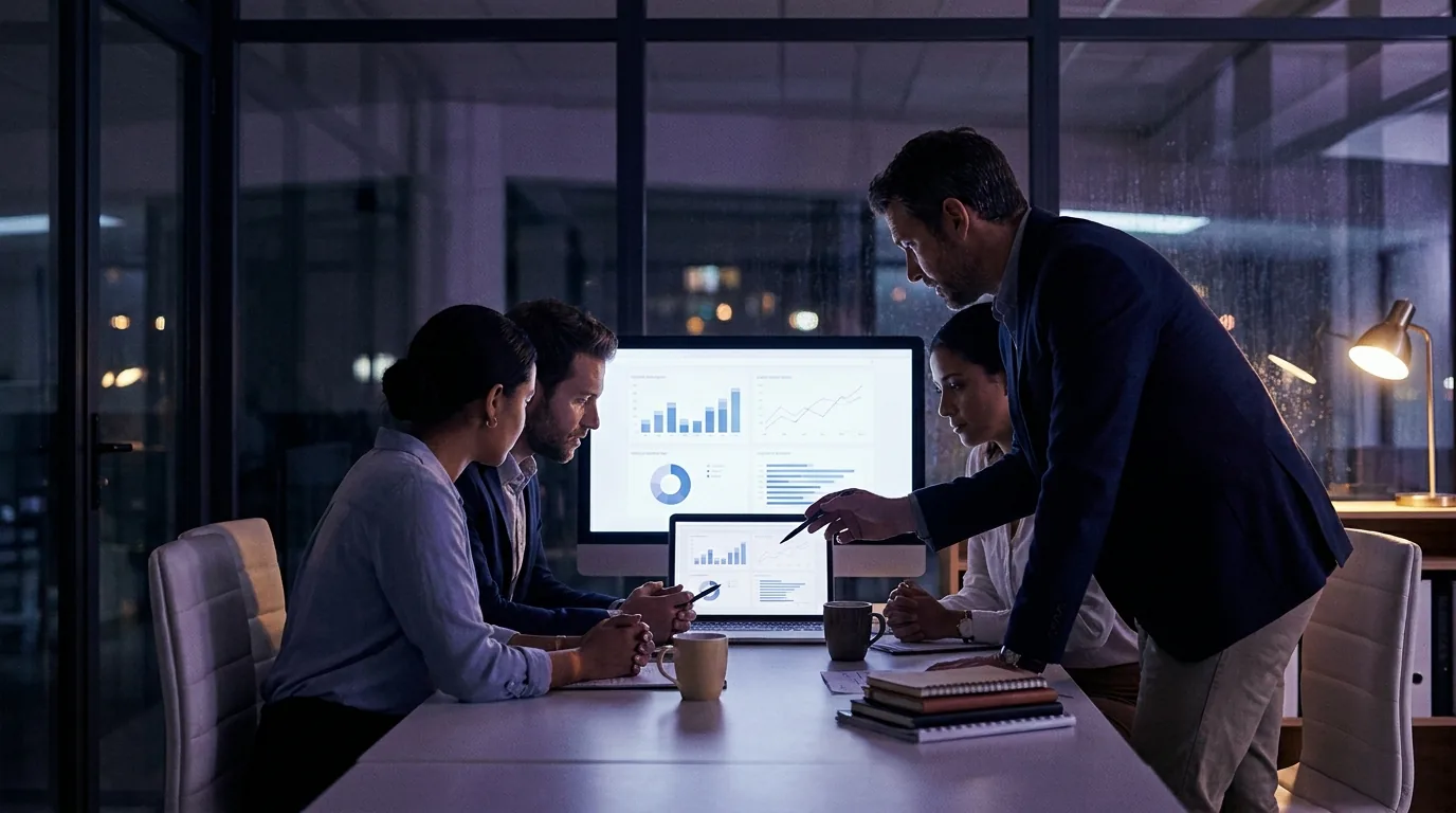 Beraterinnen und Ingenieure besprechen gemeinsam an einem Laptop mit Daten-Dashboards die Einführung eines KI-Systems in einem modernen, indigoviolett ausgeleuchteten Meetingraum
