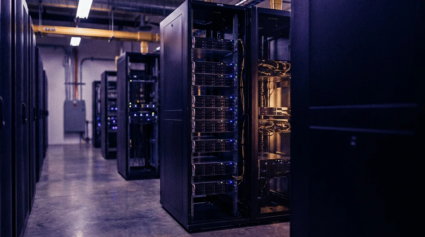 Moderner Serverraum mit Reihen beleuchteter Rack-Server und blinkenden Statusanzeigen, in Indigo- und Violetttönen mit warmen Goldakzenten