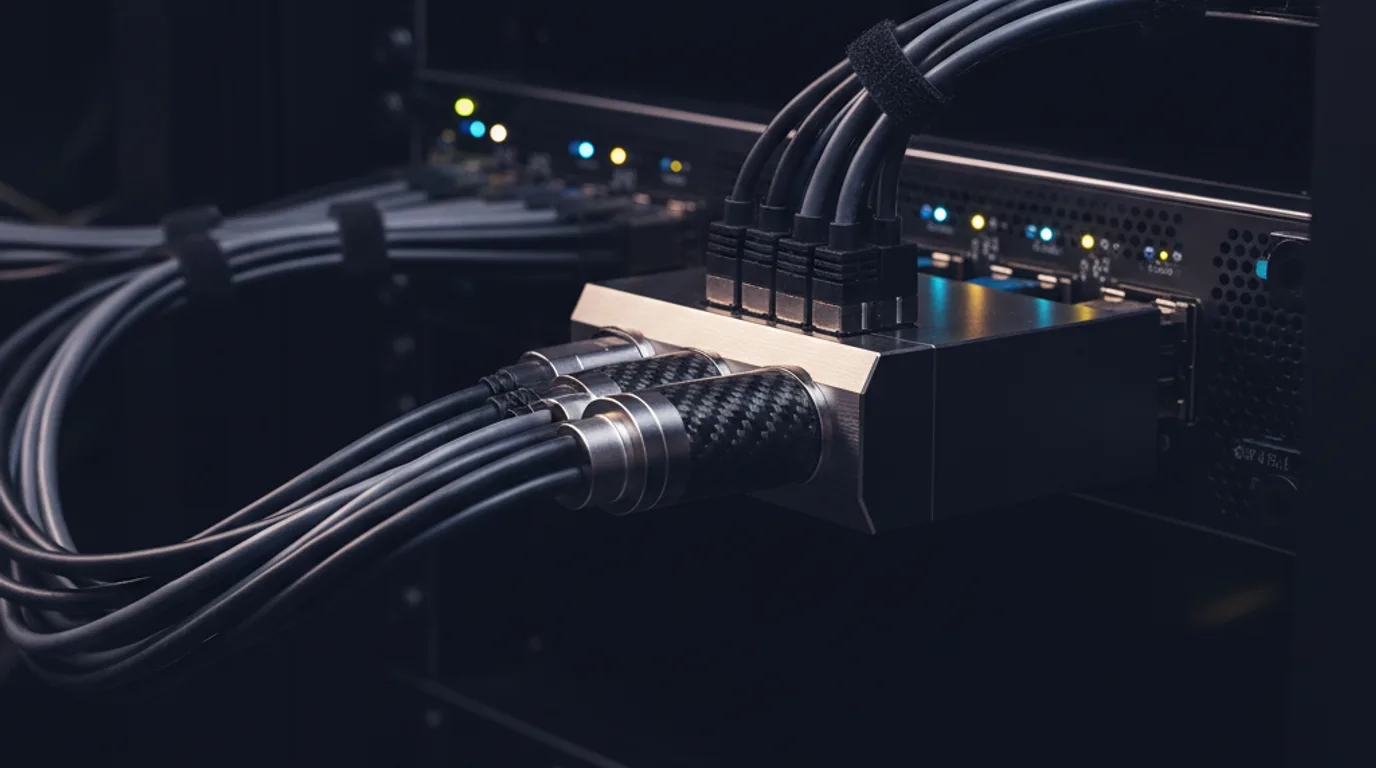 Ein einzelner universeller Kabelanschluss an einem Serverrack, in den mehrere Datenkabel zusammenlaufen, als Sinnbild für einen technischen Standard
