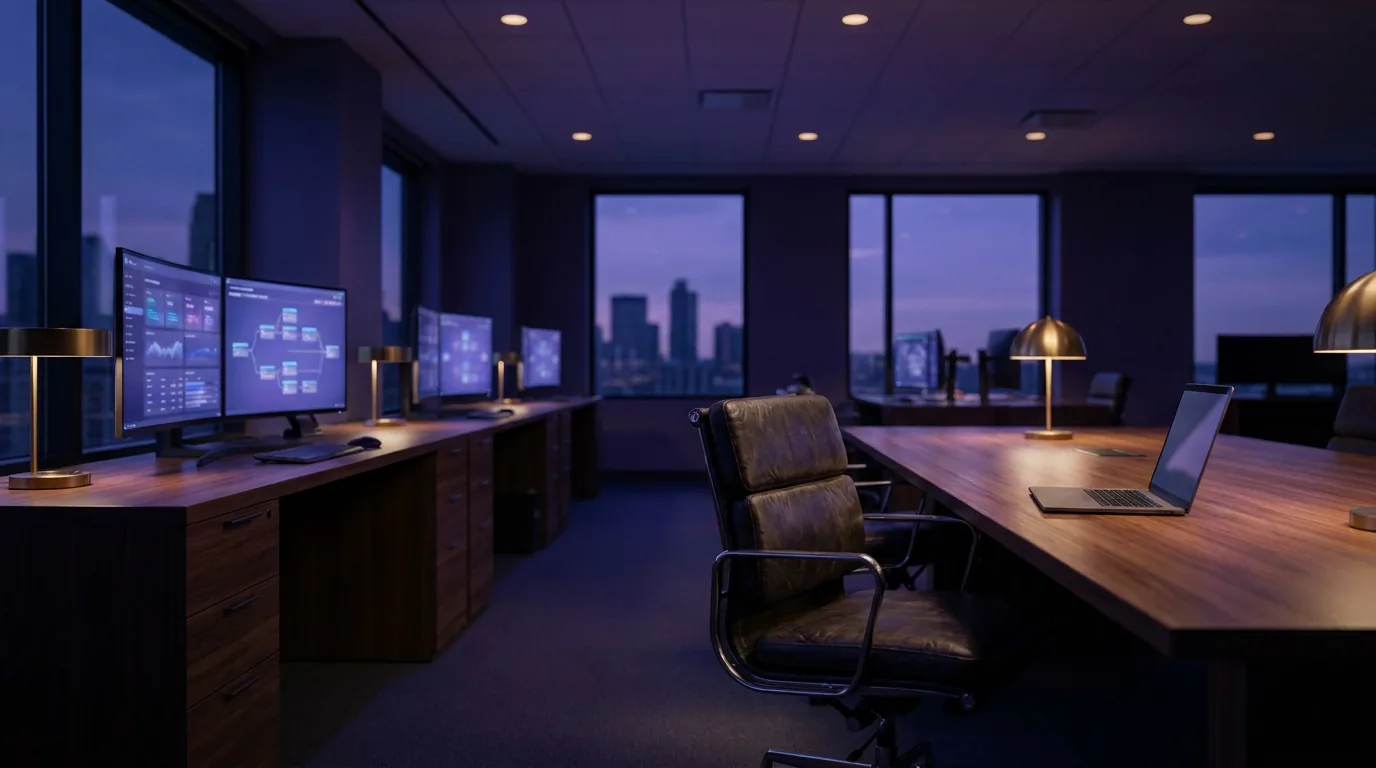 Modernes Unternehmensbüro in der Abenddämmerung, Monitorreihen mit Dashboards und Workflow-Diagrammen, ein leerer Ledersessel an einem Konferenztisch mit aufgeklapptem Laptop, in tiefe Indigo- und Violetttöne getaucht mit warmen Goldakzenten