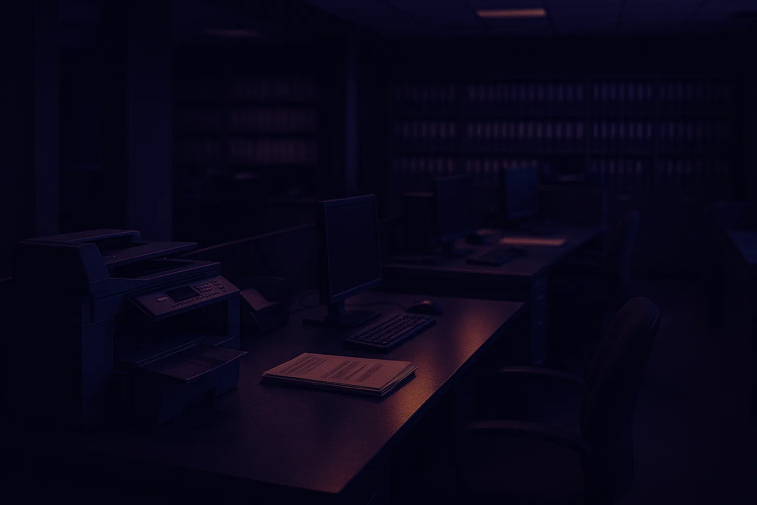 Dunkles Büro-Interieur mit Kopiergerät, Computerarbeitsplätzen und Ablagesystem im cinematischen Indigo-Violett-Stil