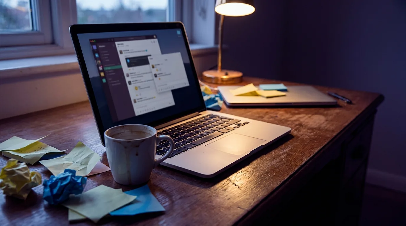 Dunkler Schreibtisch in der Abenddämmerung: aufgeklappter Laptop mit mehreren geöffneten Chat-Fenstern, halb leere Kaffeetasse und verstreute, teils zerknüllte Notizzettel.