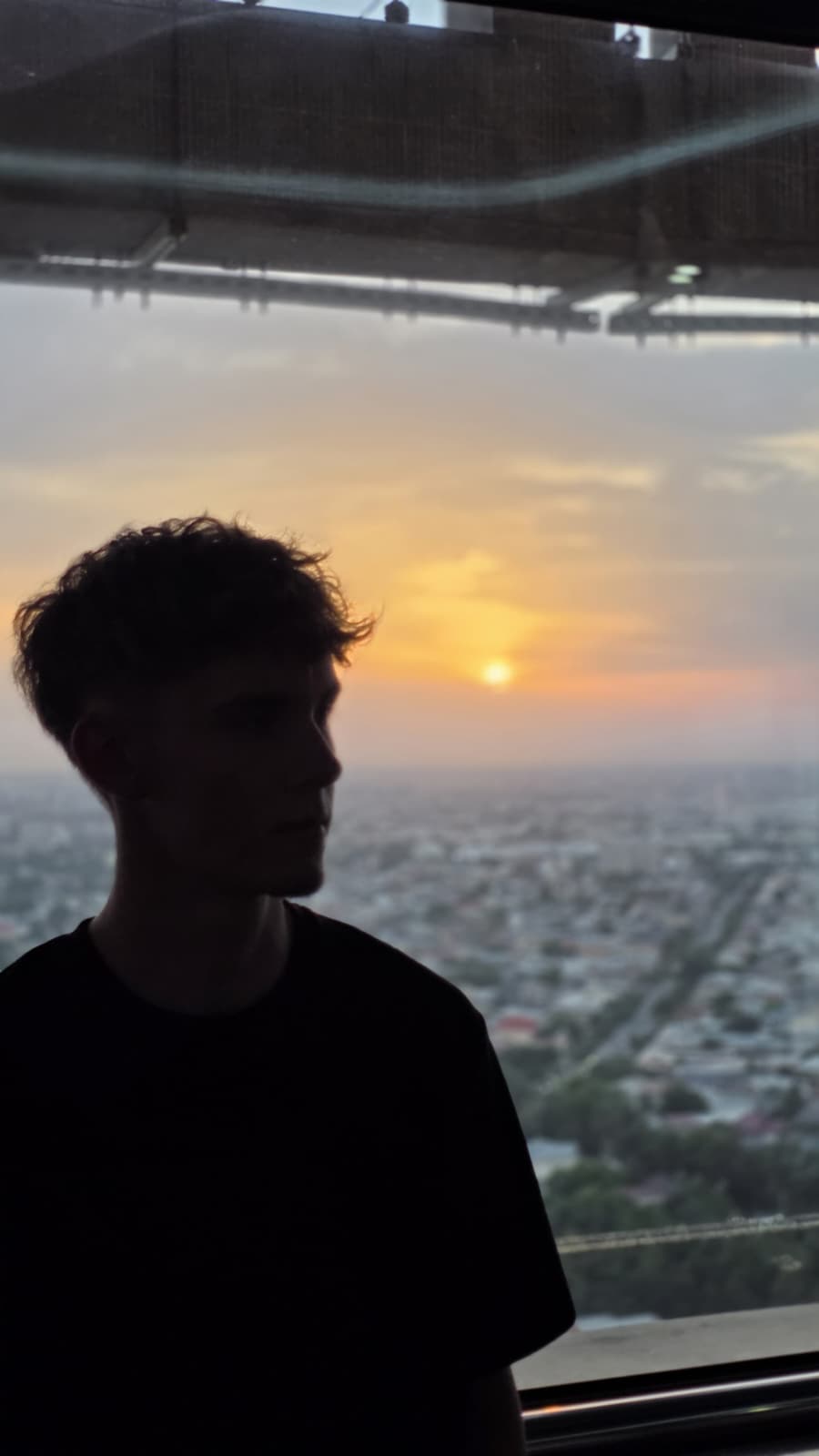 Max Vöhringer vor einer Skyline bei Sonnenuntergang