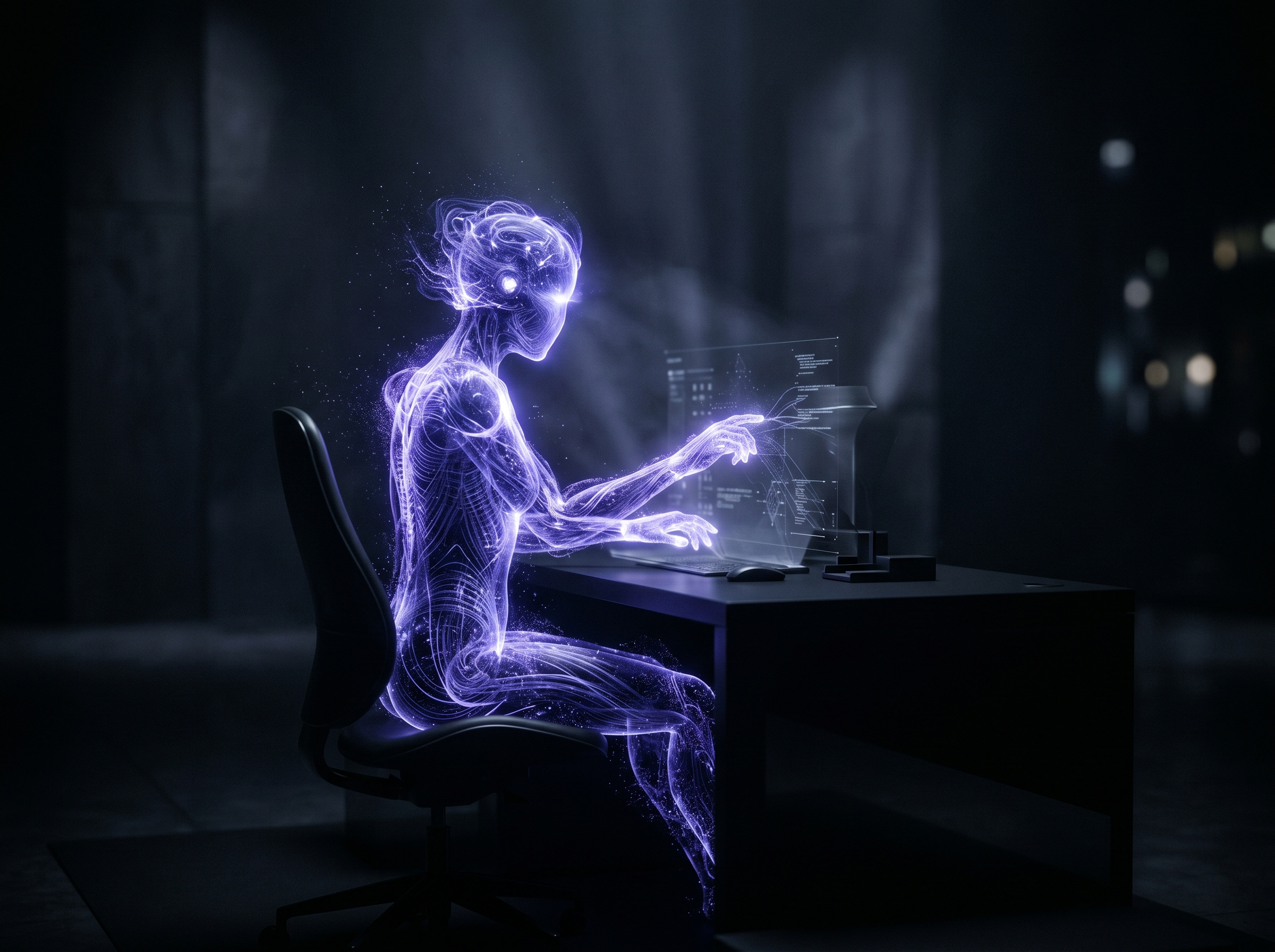 Abstrakte Visualisierung eines KI-Mitarbeiters als glühendes Netz aus Lichtknoten