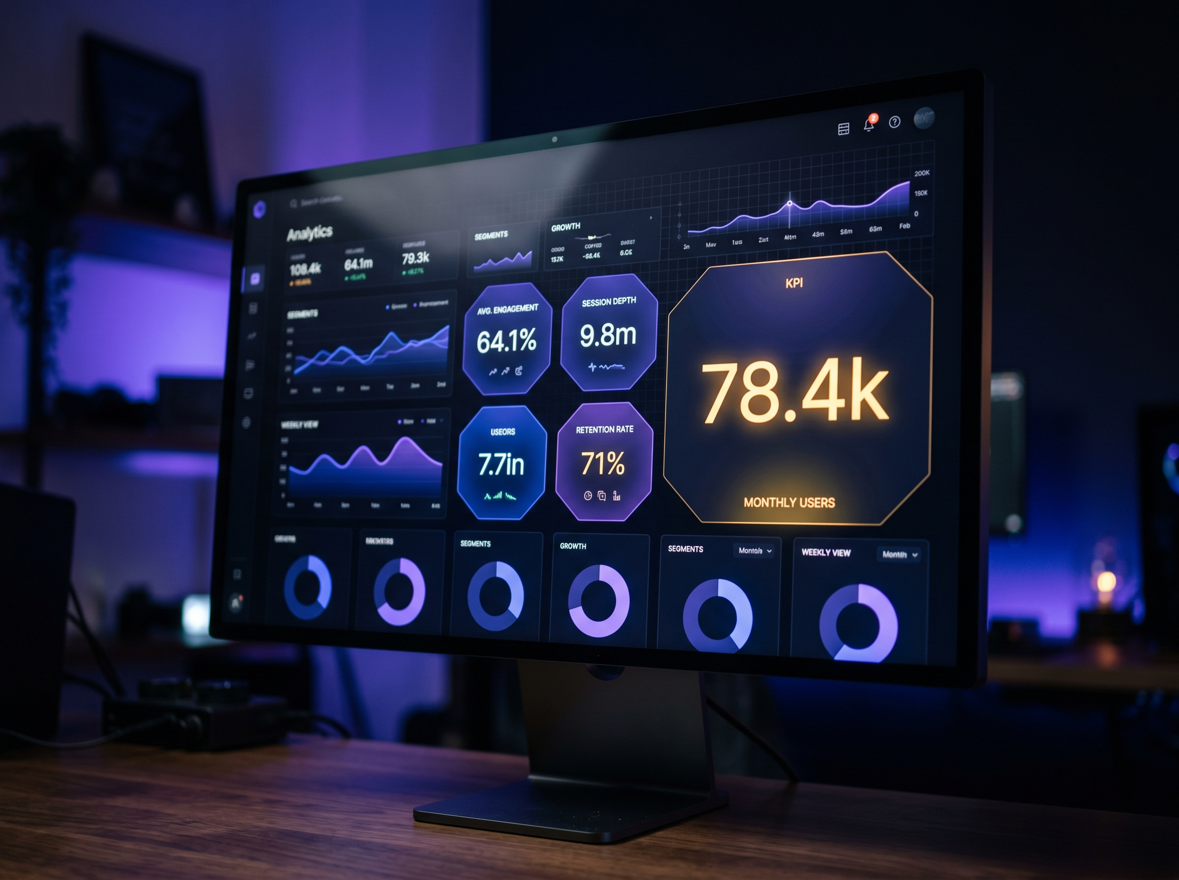 Dashboard-Interface der eigenen Plattform auf einem Monitor an einem eleganten Schreibtisch